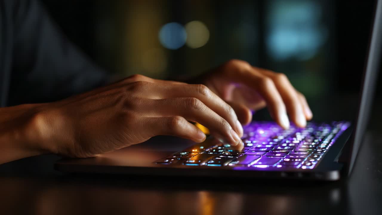 A close-up view of hands typing on a sleek laptop keyboard, illuminated by vibrant multicolored lighting that enhances the modern tech aesthetic, capturing the essence of digital interaction and creativity