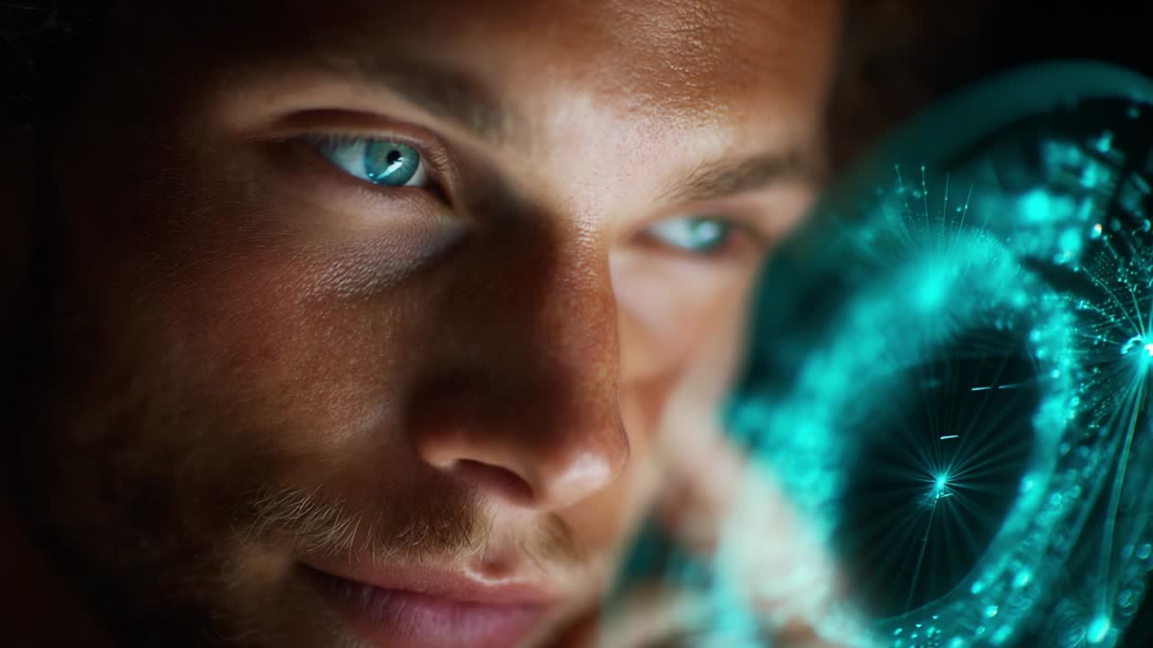 A Focused Gaze: Capturing the Intense Connection Between a Young Man and a Futuristic Holographic Sphere, Embodying the Intersection of Humanity and Advanced Technology in a Visual Masterpiece