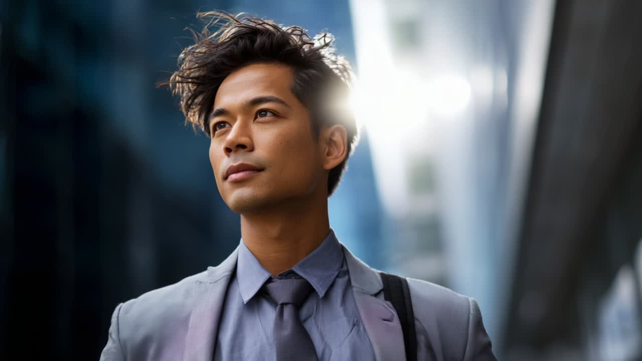 A poised individual in a professional suit stands confidently amidst a modern urban backdrop, radiating determination and ambition, captured in two frames highlighting their thoughtful expression and sartorial elegance