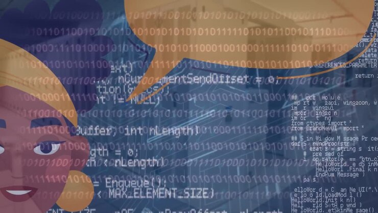 Animazione di elaborazione dati su icona donna afroamericana e circuito stampato del computer