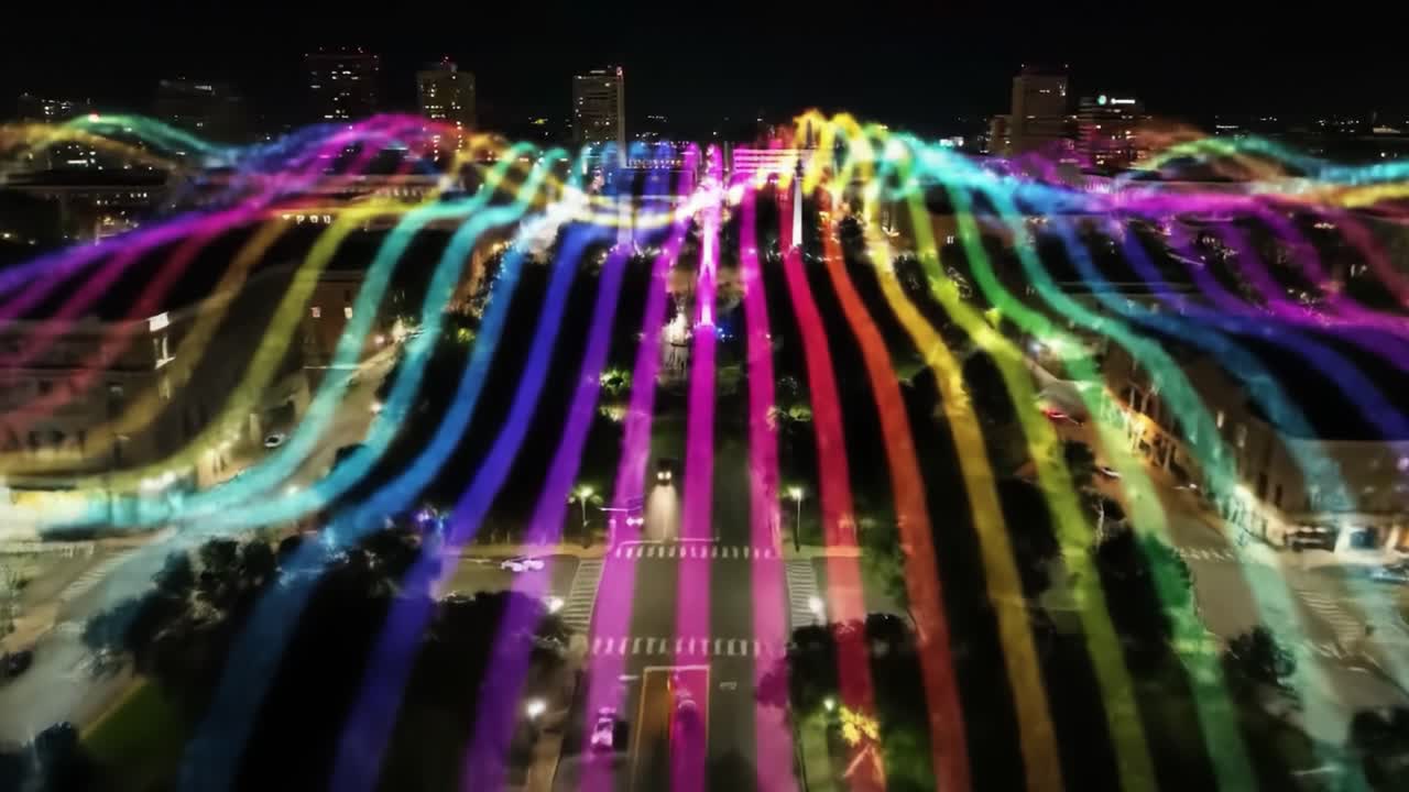 Colorful Light Show over City at Night