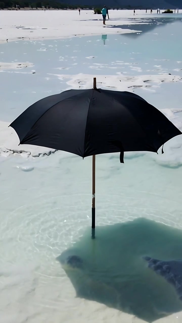 Video verticale: La telecamera si allontana rivelando un ombrello nero su un palo in una pozza di disgelo su un lago ghiacciato.