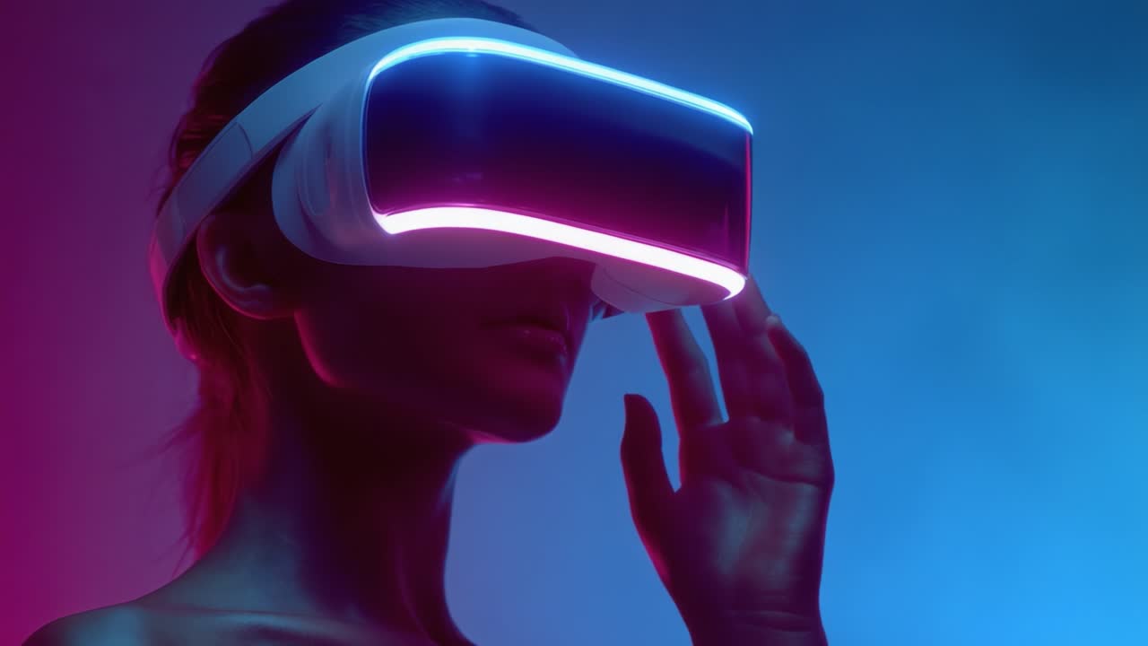 Exploring the Future of Technology: A Close-Up of a Person Using a Virtual Reality Headset with Captivating Neon Lighting Effects
