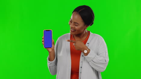 Black-woman,-phone-and-mockup-on-green-screen