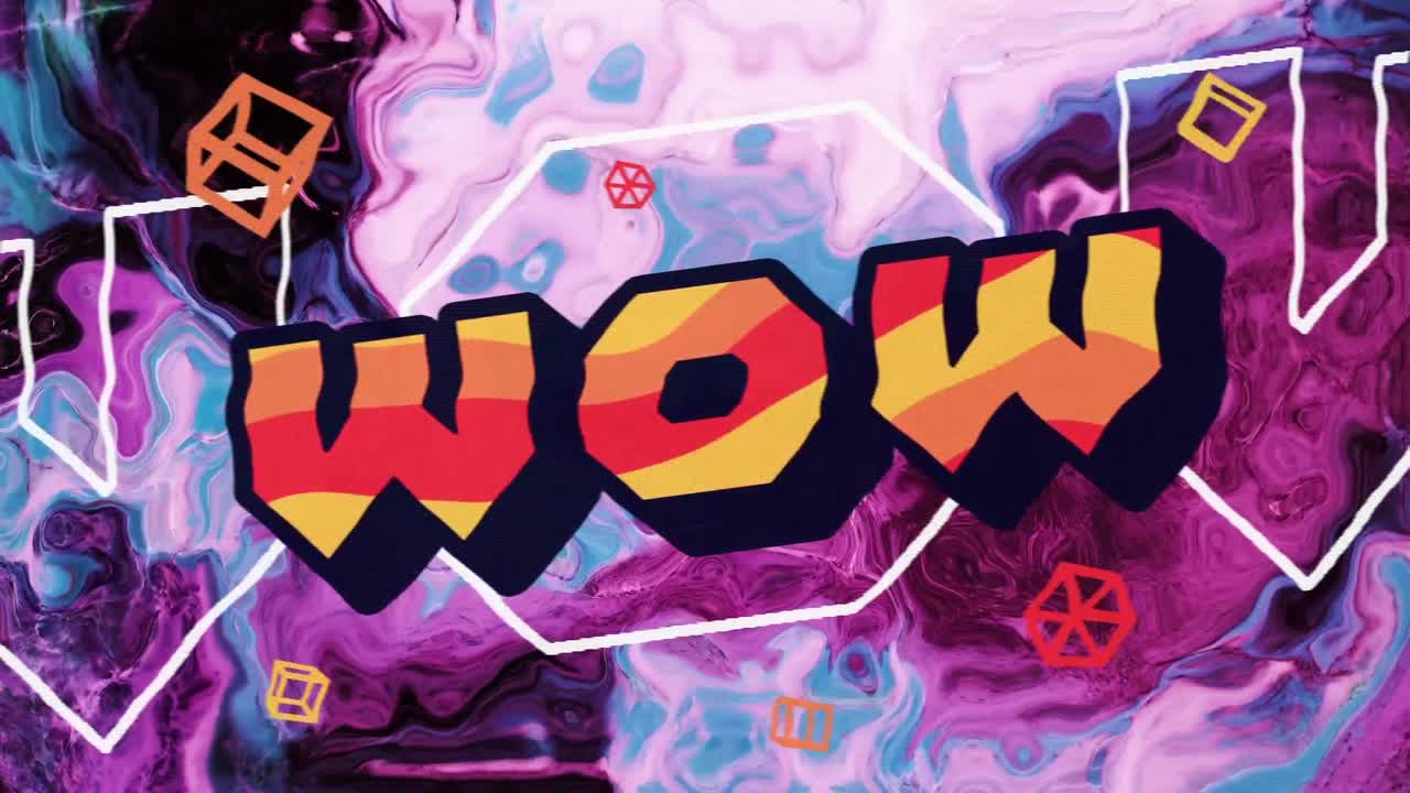 텍스트의 애니메이션 와우, 오렌지색과 검은색, 회전하는 분홍색 위에