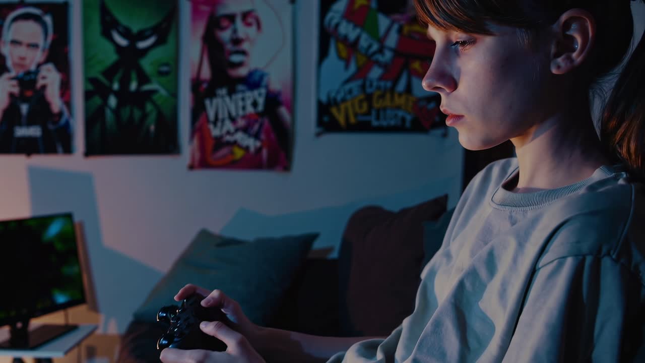 una adolescente jugando videojuegos por la noche