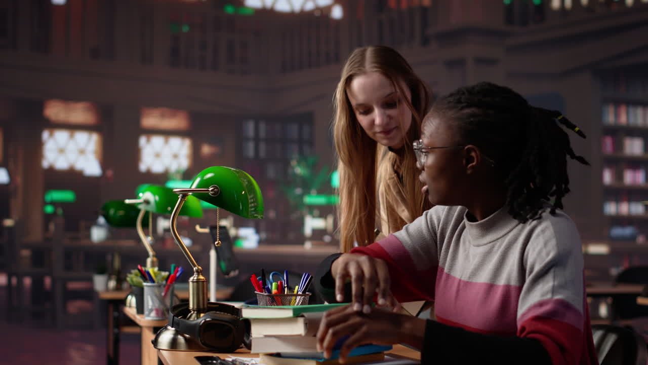 Vertical video person waking up african american girl in the university campus library