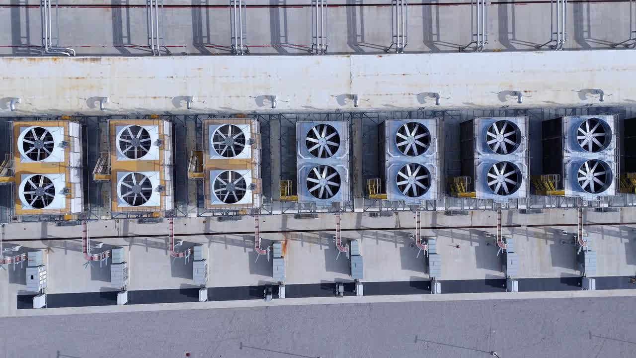 Industrial cooling units on a data center building, managing heat for information technology