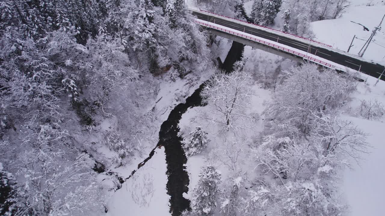 Drone captures a quiet Japanese countryside scene with a river running through a frozen white forest
