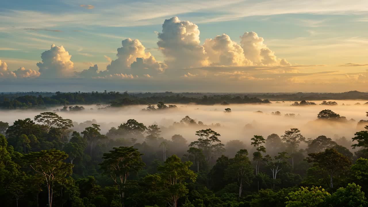 Captivating Dawn Over the Lush Jungle: A Stunning View of Mist-Laden Forests Under a Colorful Sky in Early Morning Light