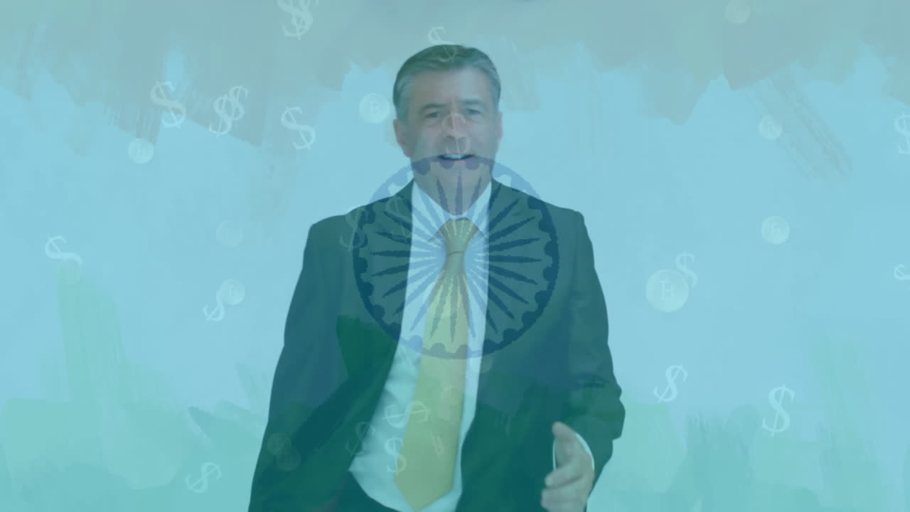 animación de los símbolos del dólar sobre el hombre de negocios caucásico corriendo