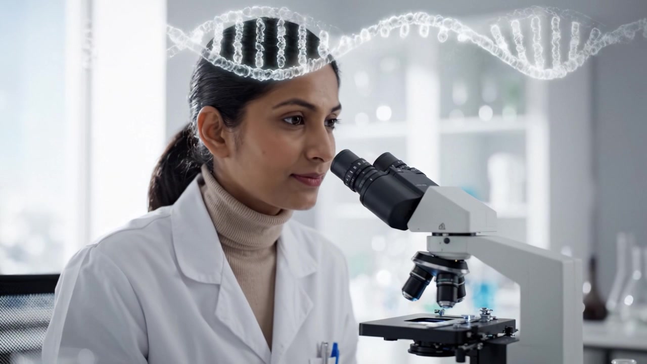 Uno scienziato dedicato osserva campioni al microscopio, analizzando dettagli intricati mentre filamenti di DNA sono rappresentati visivamente sullo sfondo della scena del laboratorio.