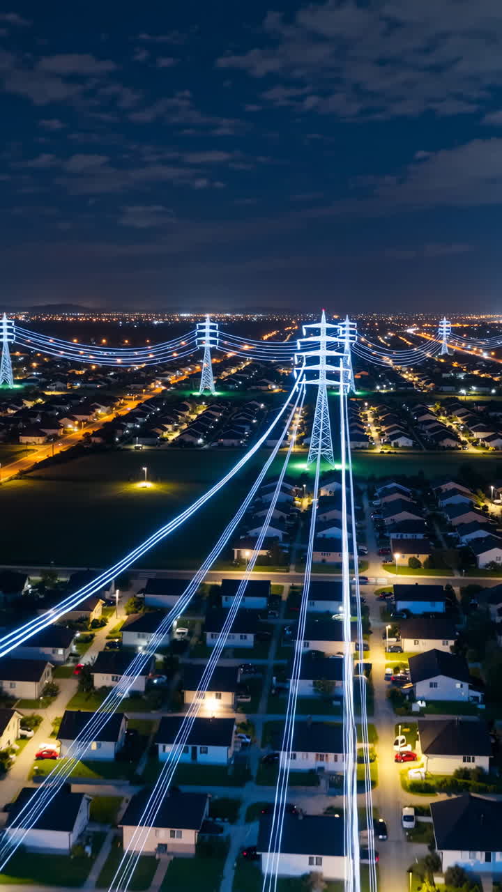 Glowing Power Lines and Pylons Over a Suburban Neighborhood at Night
