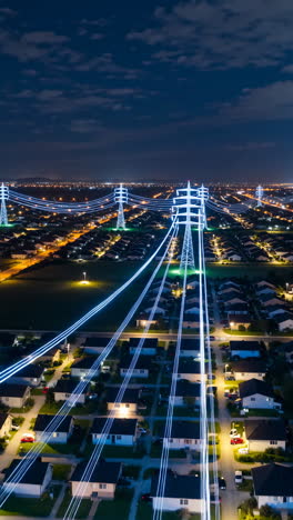 glowing power lines and pylons over a suburban neighborhood at night