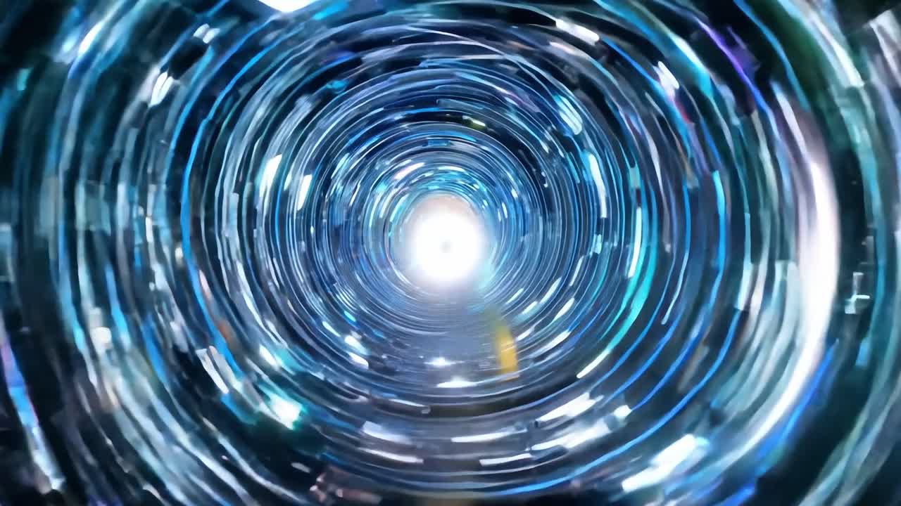 빛은 데이터로 가득 찬 디지털 터널을 통해 빠르게 이동하여 활기차고 미래적인 분위기를 만니다.