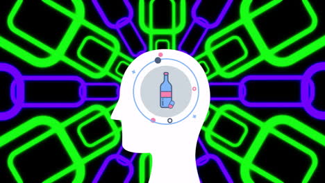 Animation-Von-Kreisen,-Die-Sich-Um-Eine-Flasche-Im-Kopf-Bewegen,-über-Rechtecken-Vor-Schwarzem-Hintergrund