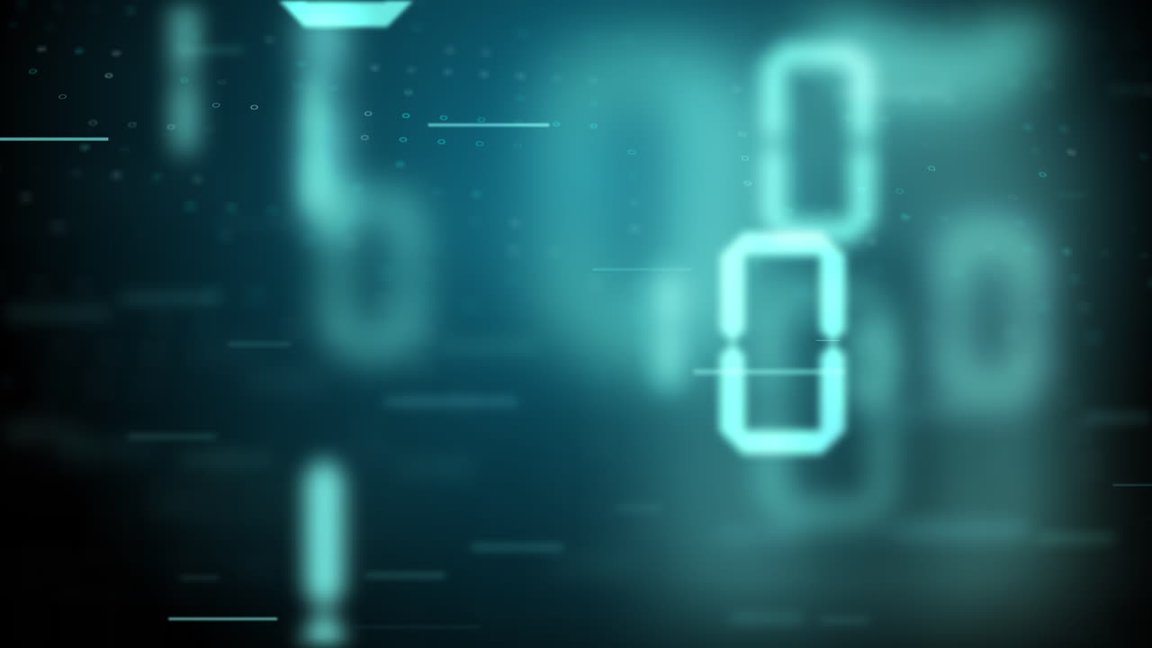 Chaotic movement of digital electronic symbols of zeros and ones. Binary code on blue background with flashing dots. Looped motion graphics.