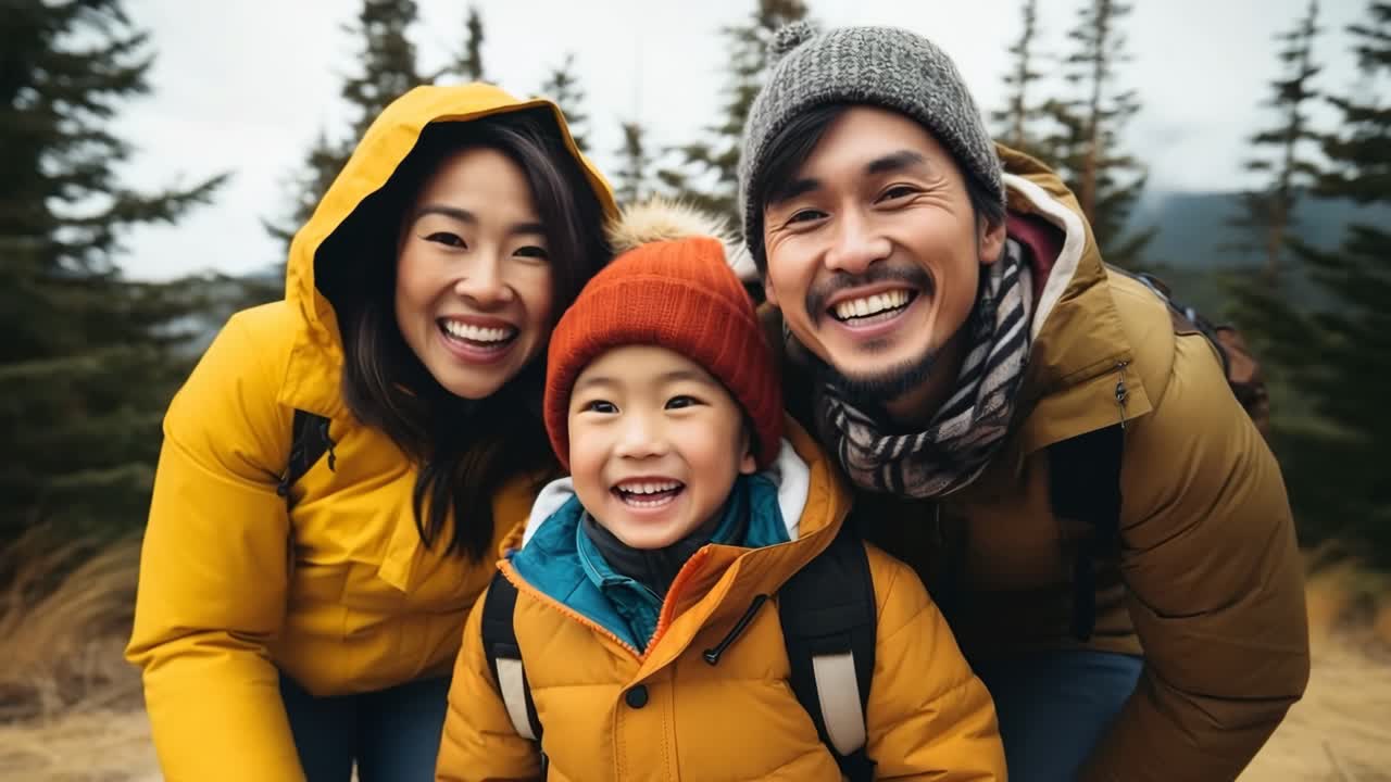 A joyful family in winter attire, captured from a low-angle, creating a warm, inviting video