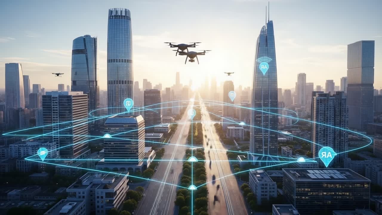Advanced Aerial Surveillance with Drones Over a Modern Urban Landscape at Sunset, Showcasing Connectivity and Technology in a Futuristic Cityscape