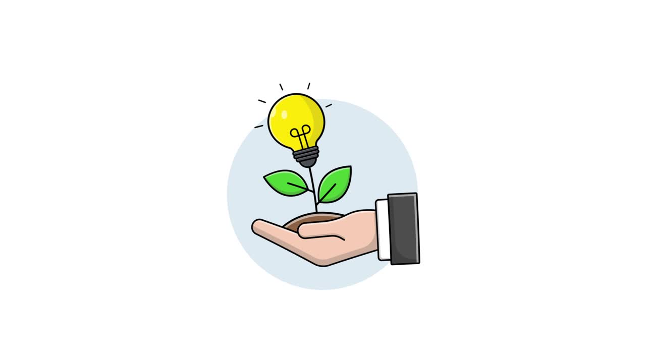Animated Hand Holding Growing Plant with Idea Lightbulb