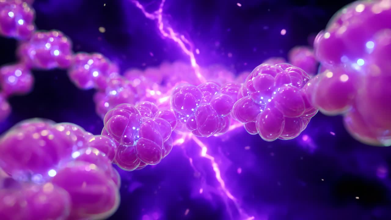 Exploring the Hypothetical Structure of Molecular Chains: A Dynamic Representation of Purple Bubble-like Entities Connected by Electric Pulses in a Mysterious and Vibrant Environment
