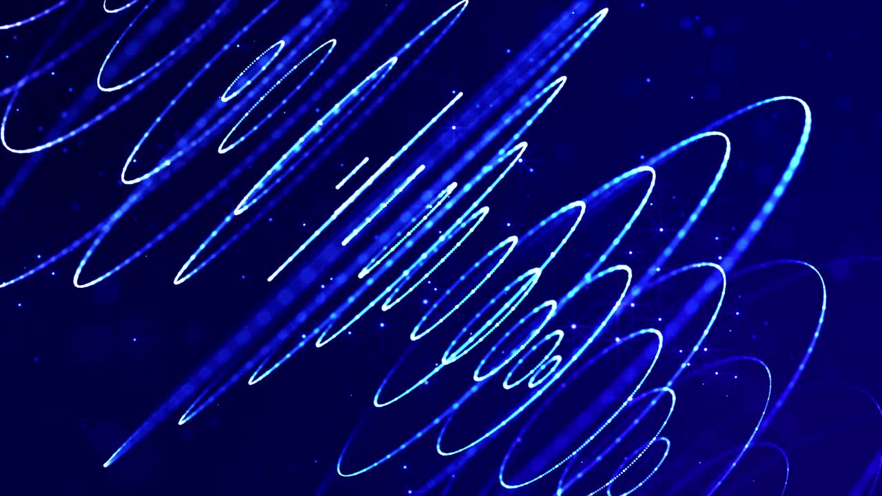 4k 루프 sf 미세 세계 또는 공간의 배경은 보케와 빛 효과로 빛나는 파란색 입자가 선, 표면, 복잡한 둥근 구조를 부드러운 움직임으로 형성합니다.