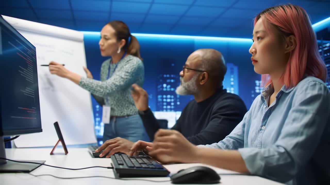 A Collaborative Coding Session in a Modern Office Setting, Featuring Diverse Professionals Engaged in Technical Discussions and Problem-Solving in Front of Computer Screens