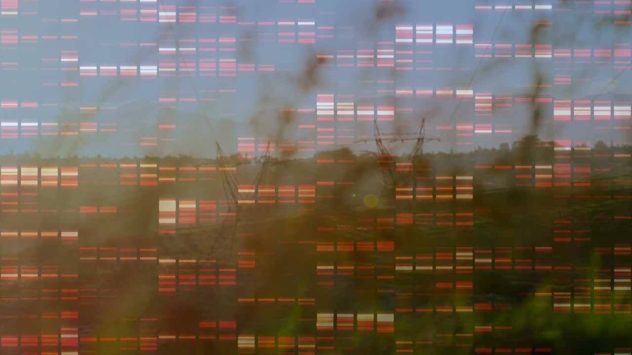 Animation of moving columns over landscape with electricity pylons