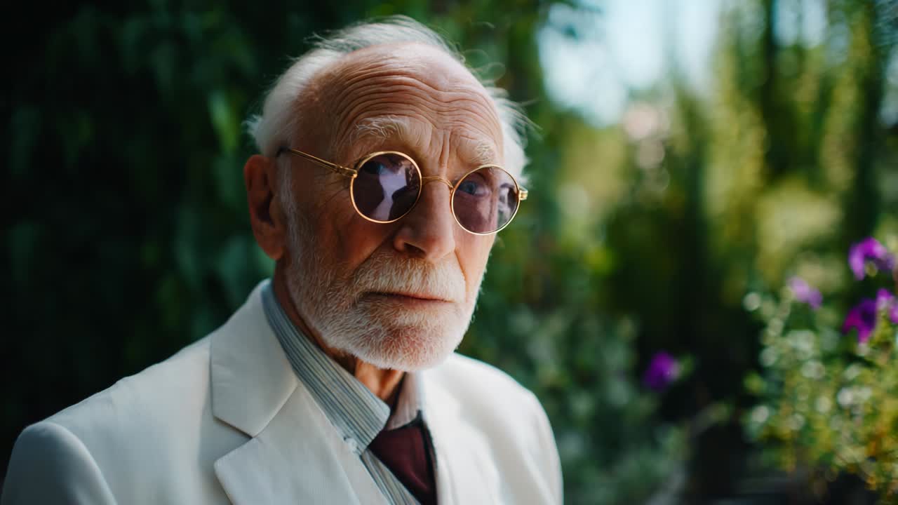 A distinguished elderly gentleman in an elegant white suit and stylish sunglasses stands in a lush garden filled with vibrant flowers, radiating wisdom and sophistication in a serene atmosphere