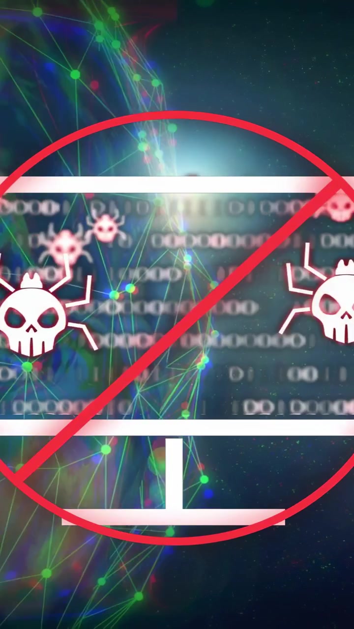 Vertical video: Lensflare initiating, globe showing code, skulls rising, red ban blocking malware