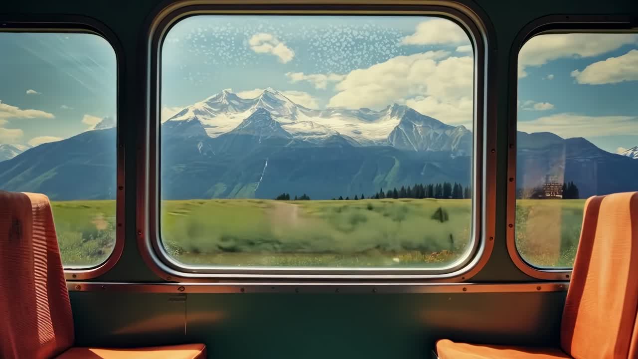 Video still of scenic mountains through a train window video. Live desktop wallpaper