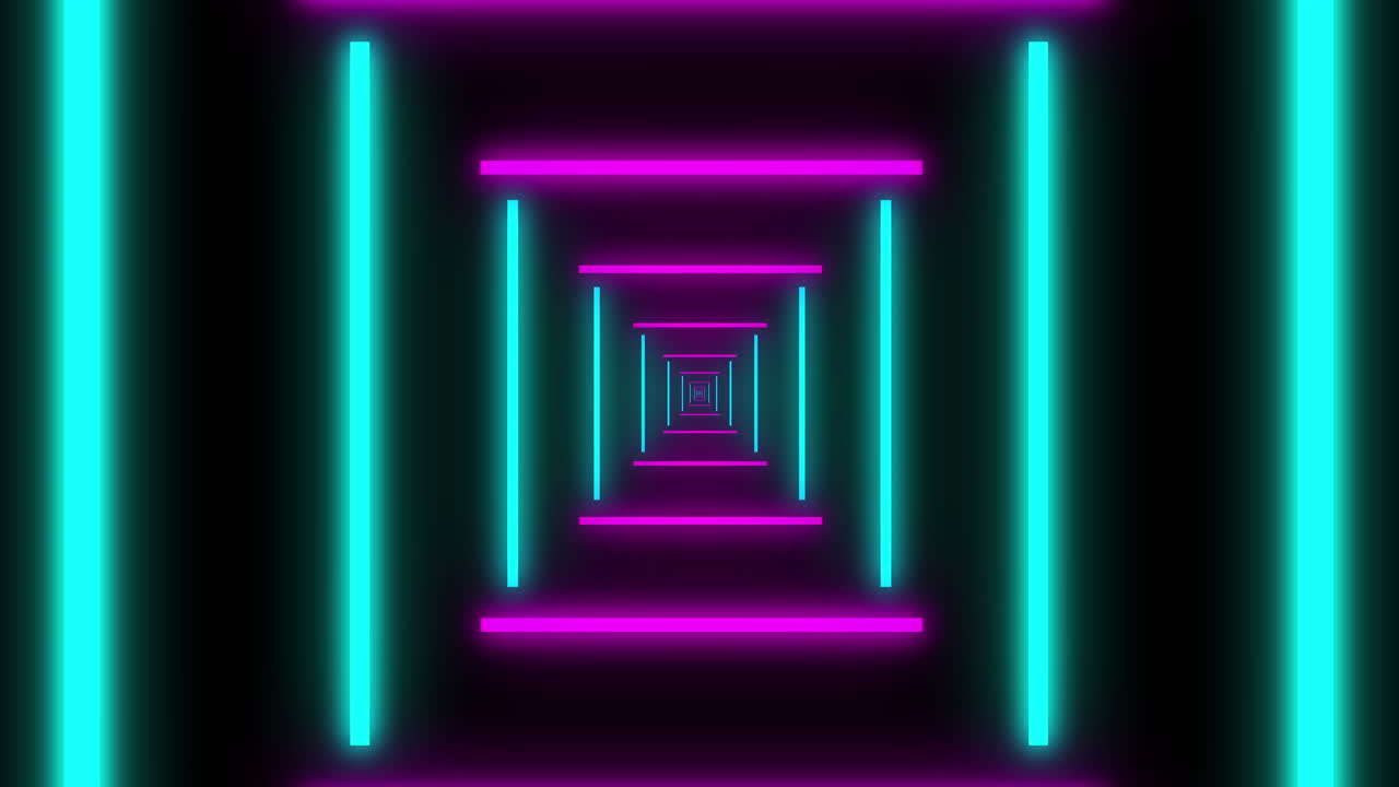 Animaatio violetista ja sinisestä neonkuviosta liikkuen hypnoottisesti saumattomassa silmukassa.