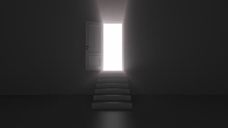 shine of an open door with steps in a dark room