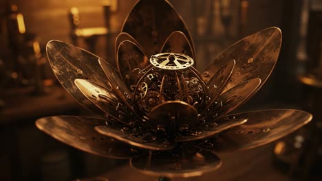 intricate steampunk flower design featuring gears and brass accents, showcasing a unique blend of nature and mechanical artistry in a captivating workshop setting