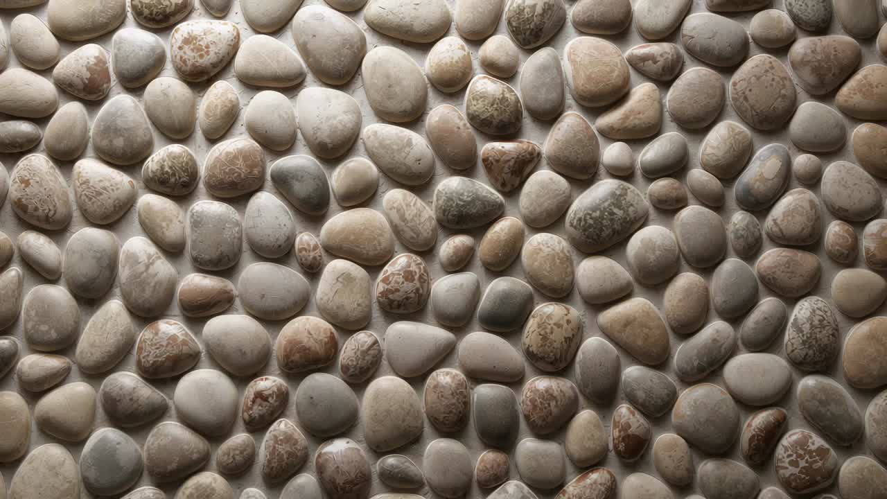 Inquadratura con panoramica della camera su pannello di mosaico di ciottoli che si sposta leggermente sulla parete della spa, rivelando stucco e texture