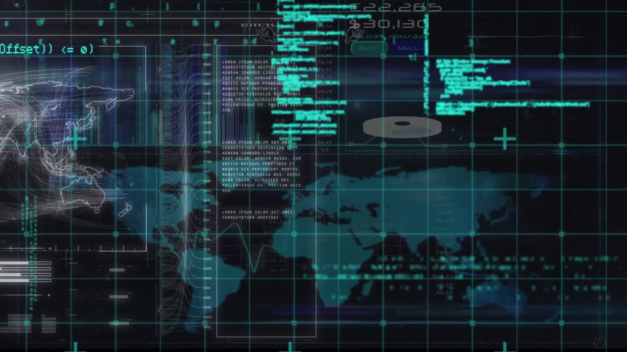 Animation of interface with scanner, world map and blue processing data