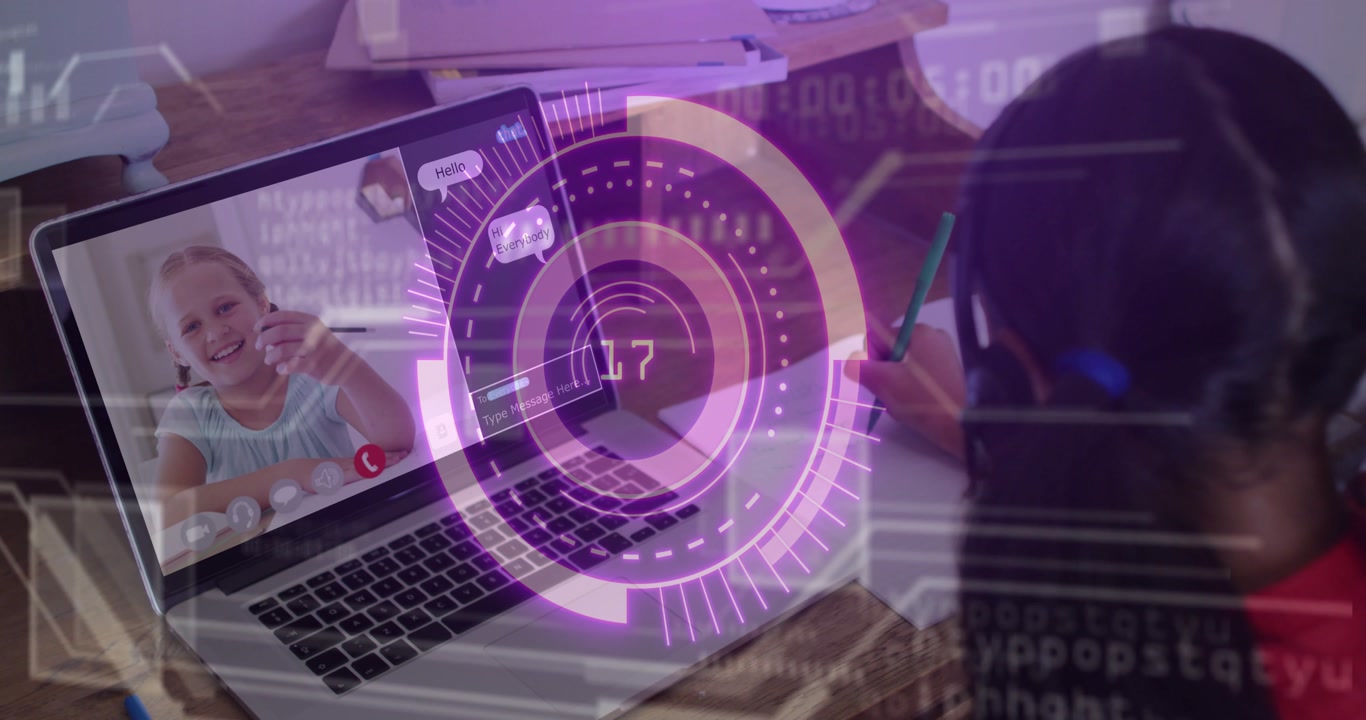 Headset student writing while laptop student waves starting purple HUD timer for education