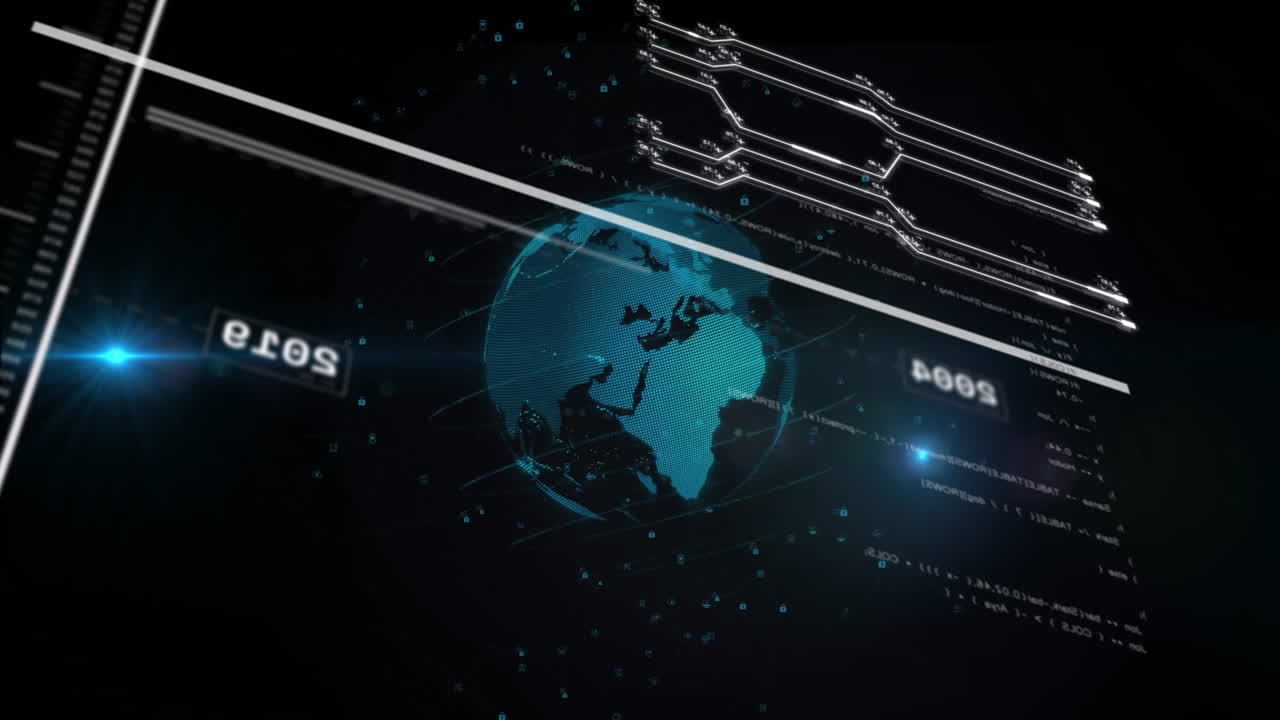 Holographic digital globe spinning in cyber HUD, with streaming data circuit lines and lens flare