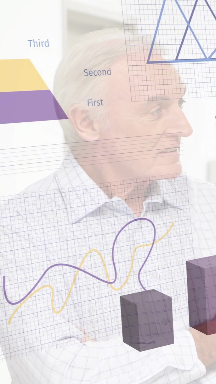 Vertical video: Senior man replying after offscreen cue, turning while business data cubes overlay