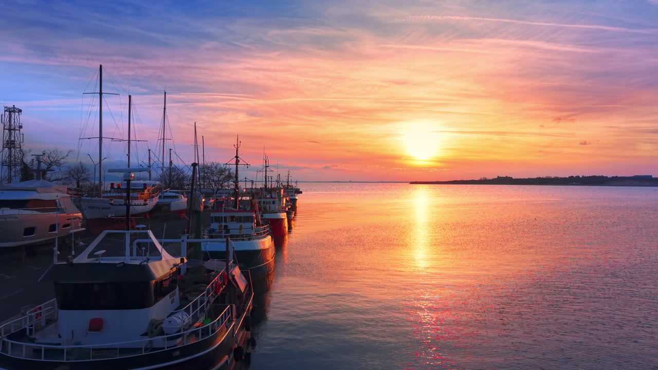 File di grandi pescherecci e navi ormeggiate nel porto durante un vivace tramonto arancione con il sole che si riflette sull'acqua. Pescherecci da traino e barche nel porto