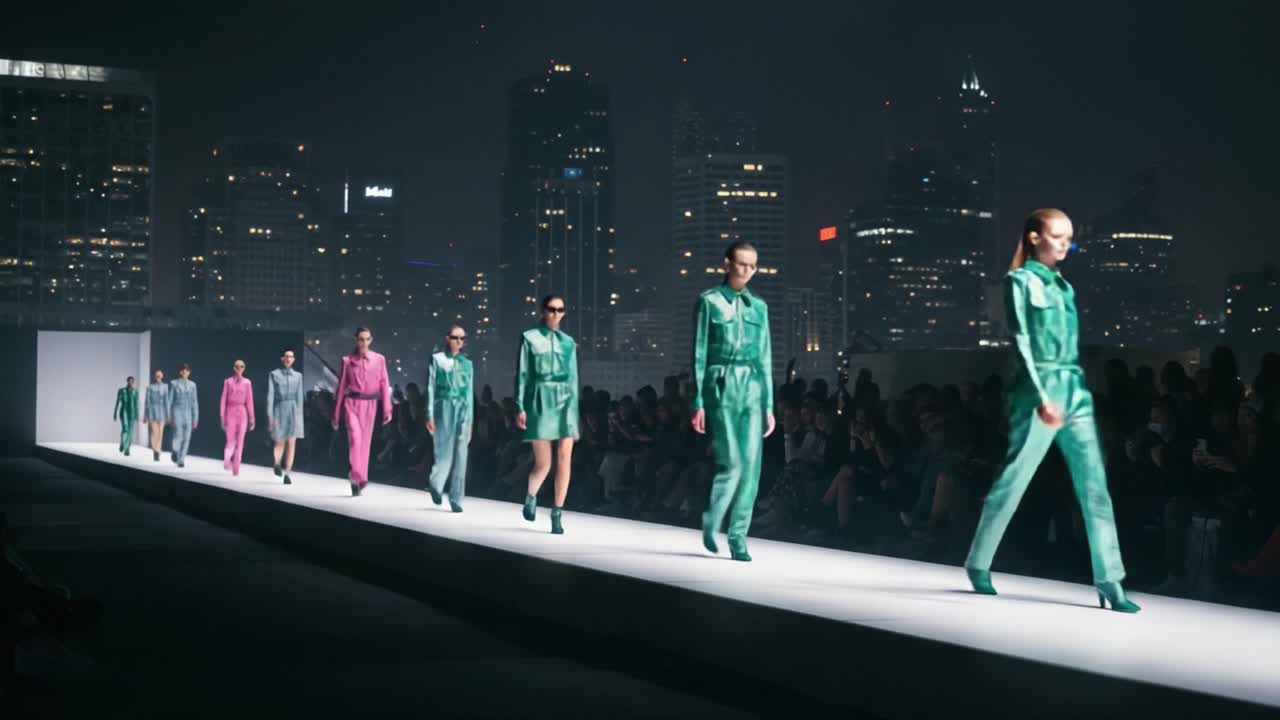 A Stunning Fashion Showcase Under City Lights: Models in Vibrant Outfits Strut the Runway, Highlighting Contemporary Style Against a Glamorous Urban Backdrop