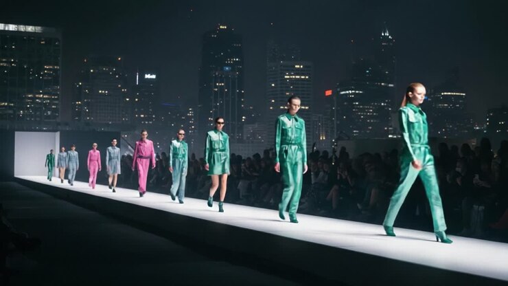 Et imponerende modeshow under byens lys: Modeller i farverigt tøj strutter på catwalken og fremhæver moderne stil mod en glamourøs urban baggrund