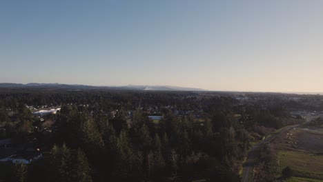 stunning 4k bandon oregon city reveal behind dense evergreens, mountain vista background