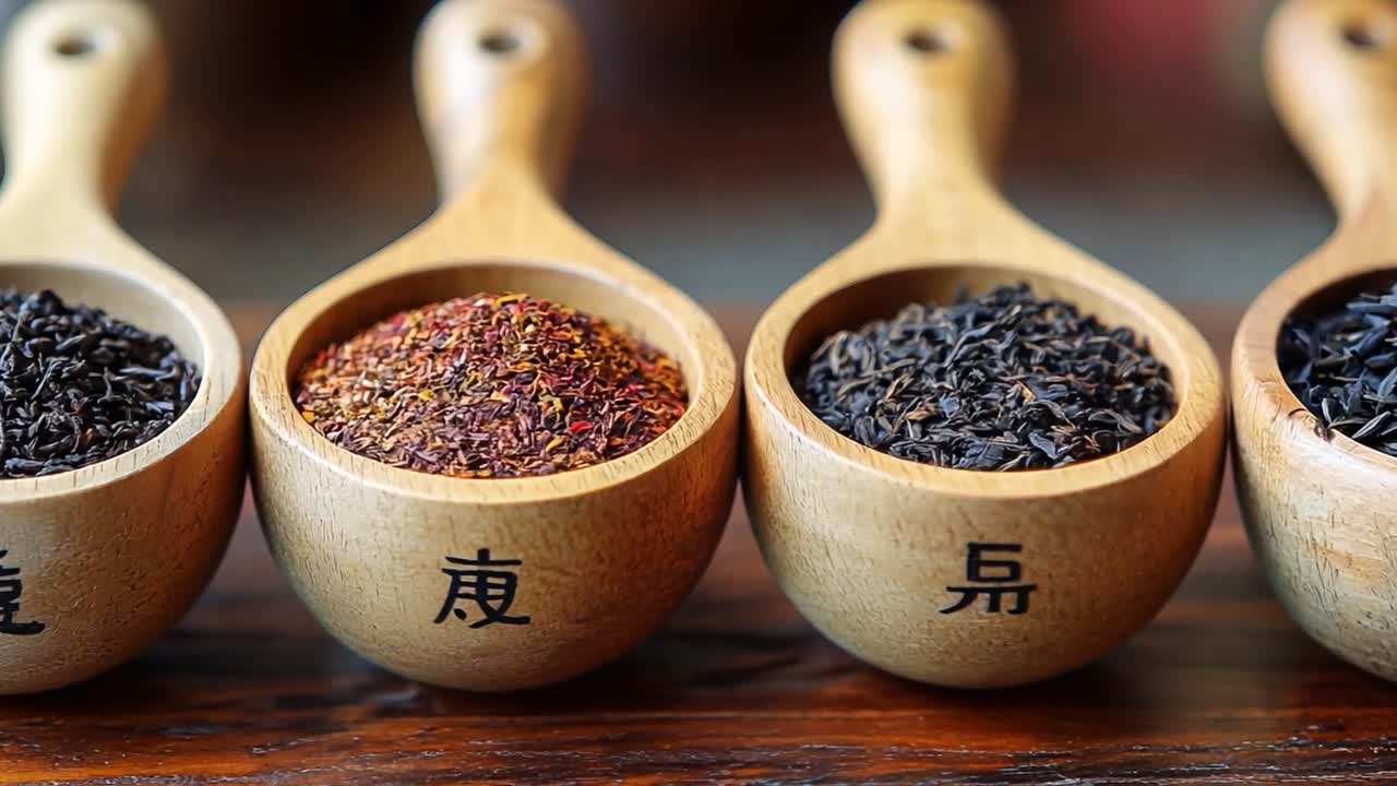 Variety of Tea Flavors Displayed in Wooden Spoons