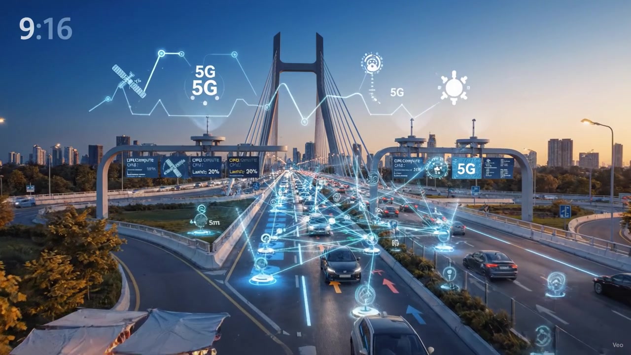Ponte urbano al tramonto con tecnologia 5G: una vista futuristica del traffico, della connettività e della vita cittadina con miglioramenti digitali nello skyline serale.