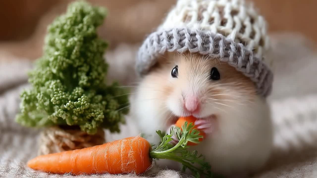Adorable Hamster in Knit Hat Enjoying a Carrot with Playful Vegetation Surrounding It, Capturing the Charm of Small Pets and Their Quirky Moments