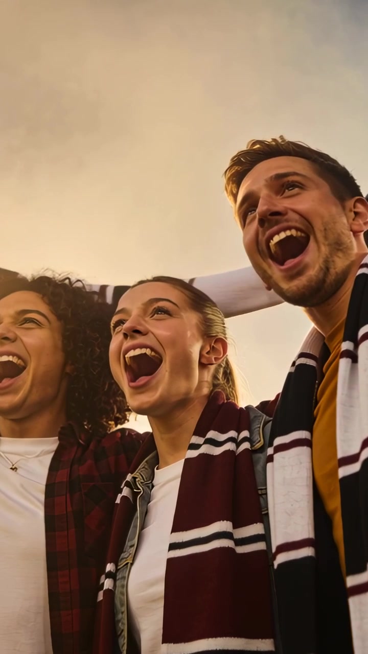 Video verticale: Tre amici esultano dopo un'azione di gioco, tenendo una sciarpa a strisce nello stadio per la loro squadra.