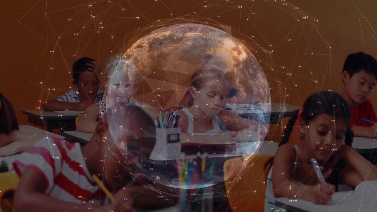 Classmates writing at desks, globe fading in with rotating network overlay for education technology