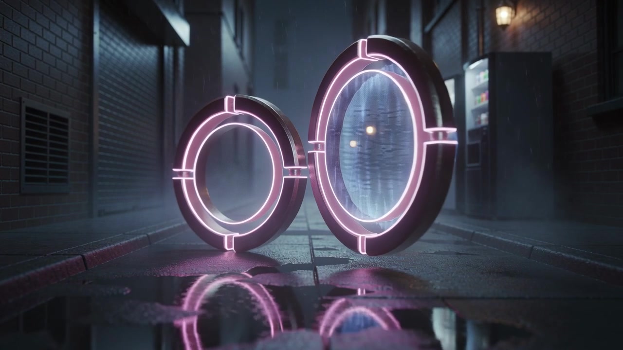 Glow rising making two lit rings rotating onto edge, showing portal in night alley, puddle