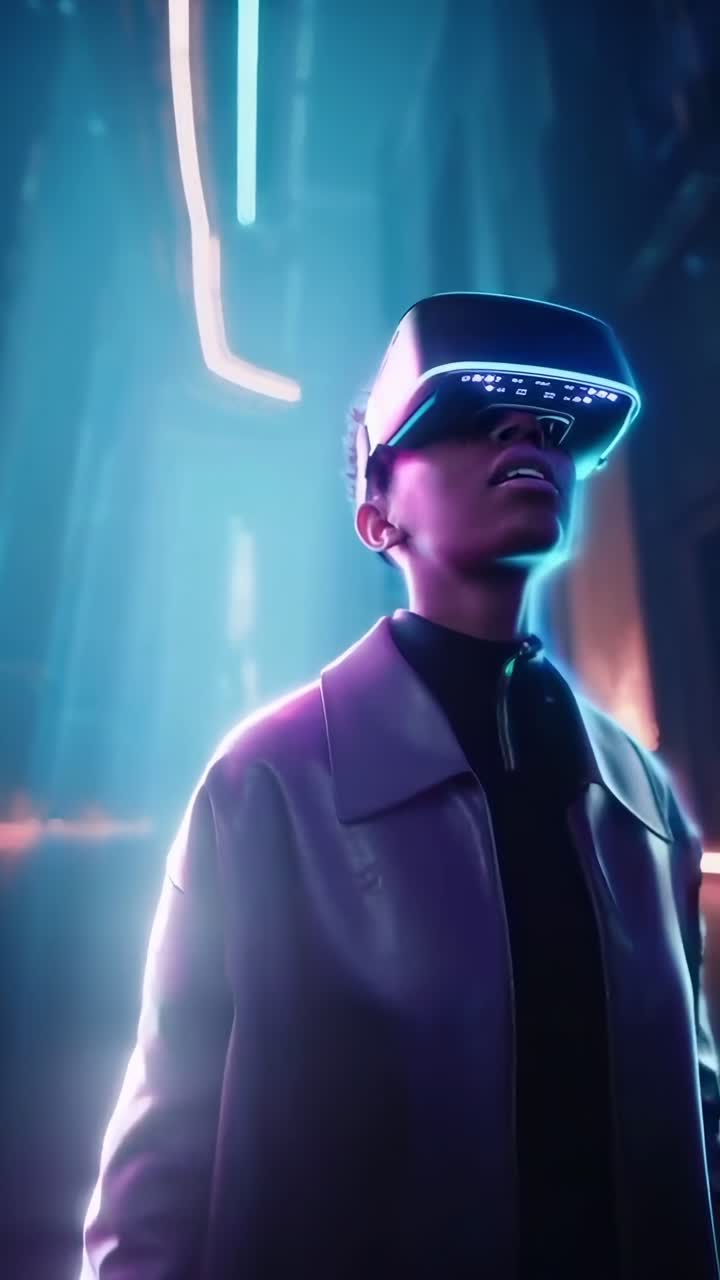 Concetto video futuristico con inquadratura dal basso di una persona con visore VR, luci al neon
